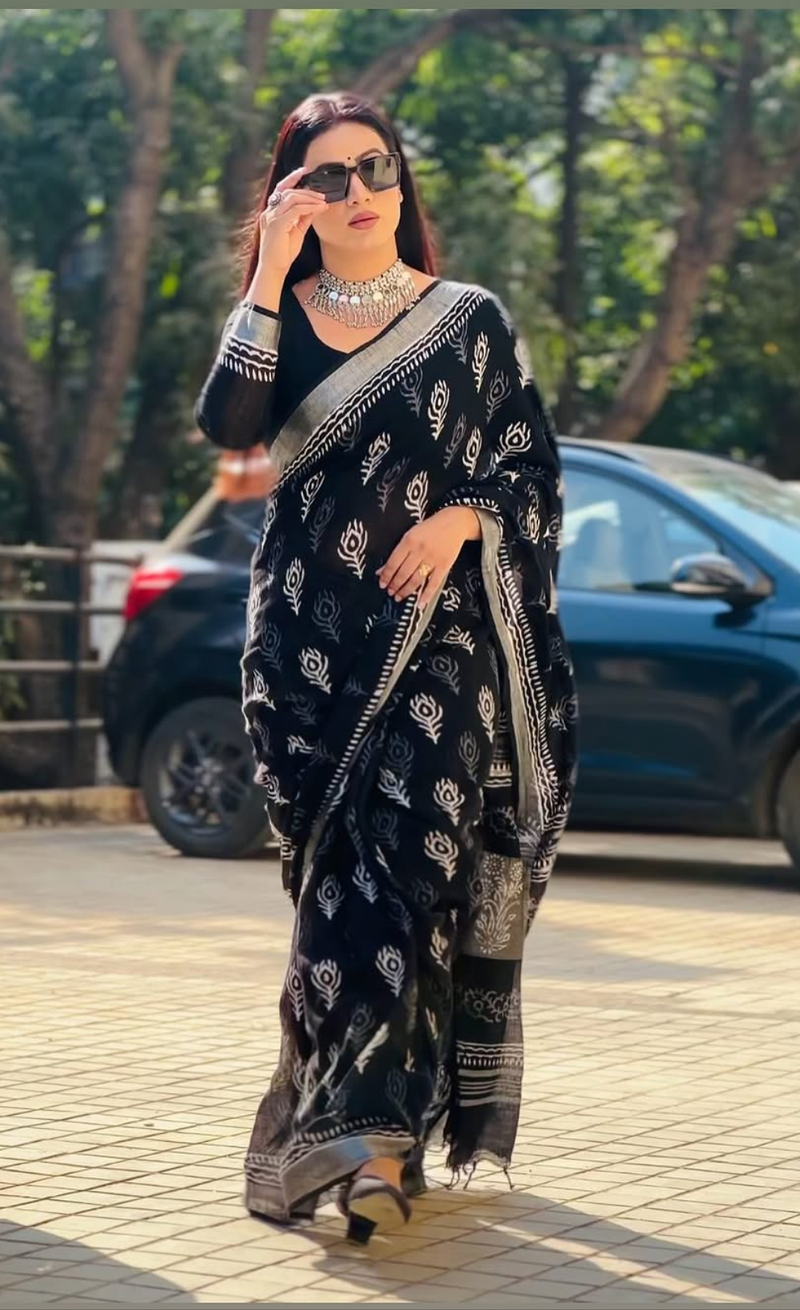 Black Hand Block Printed Lilen Saree