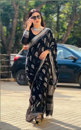 Black Hand Block Printed Lilen Saree