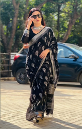 Black Hand Block Printed Lilen Saree