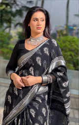 Black Hand Block Printed Lilen Saree