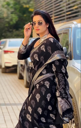 Black Hand Block Printed Lilen Saree