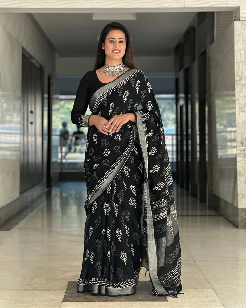 Black Hand Block Printed Lilen Saree