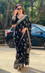 Black Hand Block Printed Lilen Saree