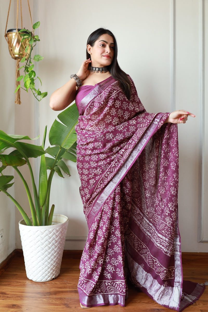 Millenniya, Intricate Craftsmanship Linen Cotton Saree with Bagru Hand Block