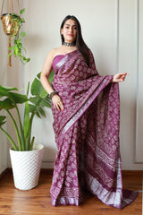 Millenniya, Intricate Craftsmanship Linen Cotton Saree with Bagru Hand Block