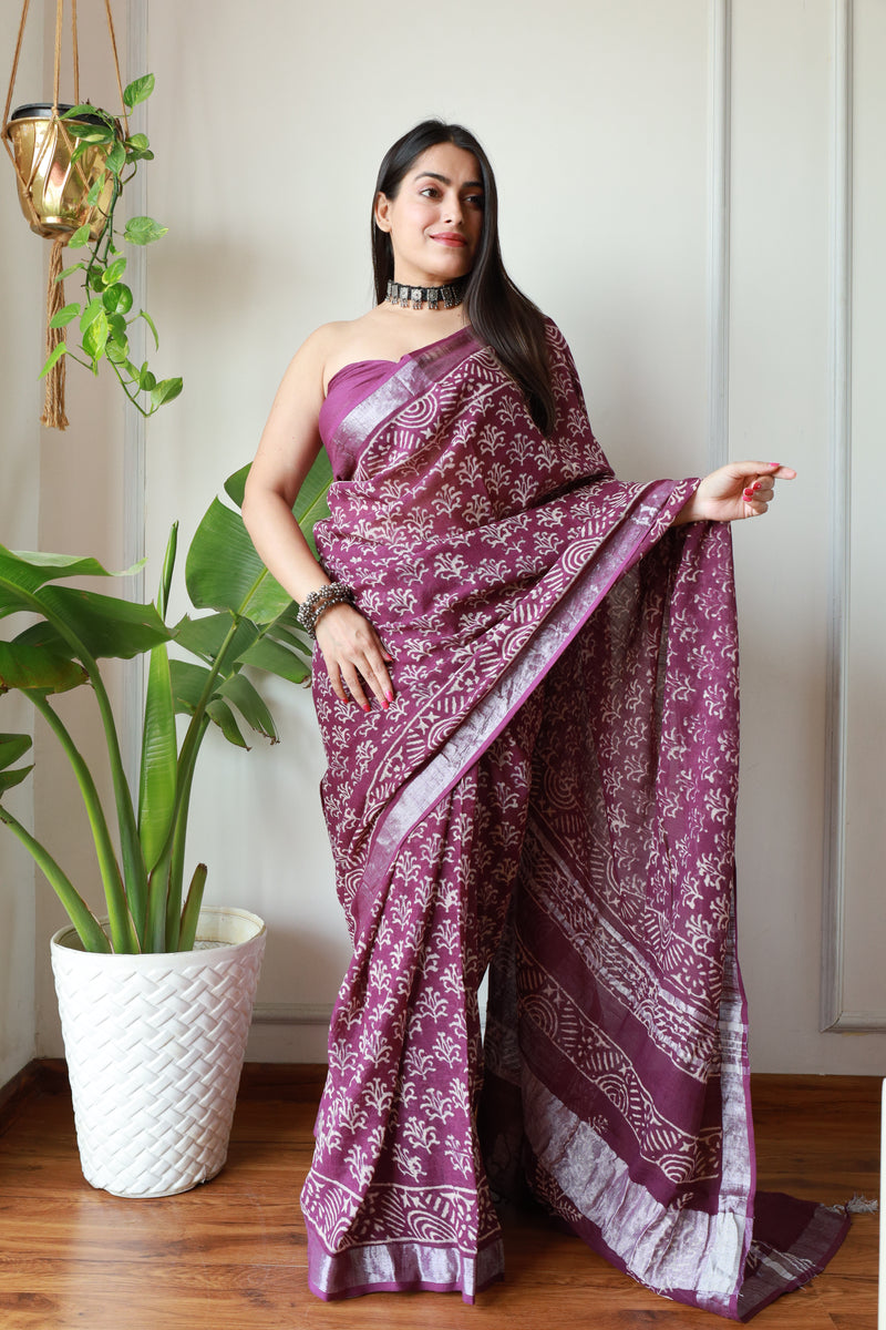 Millenniya, Intricate Craftsmanship Linen Cotton Saree with Bagru Hand Block