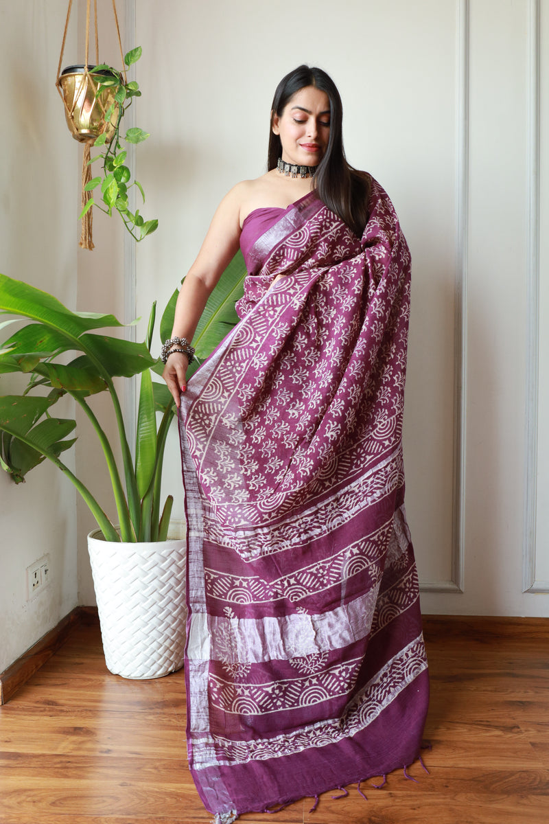 Millenniya, Intricate Craftsmanship Linen Cotton Saree with Bagru Hand Block