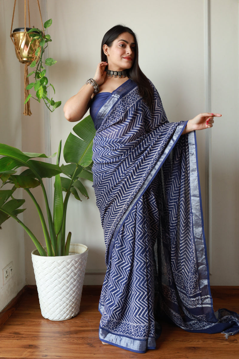 Millenniya Cultural Finesse Bagru Hand Block Print with Blouse Linen Cotton Saree