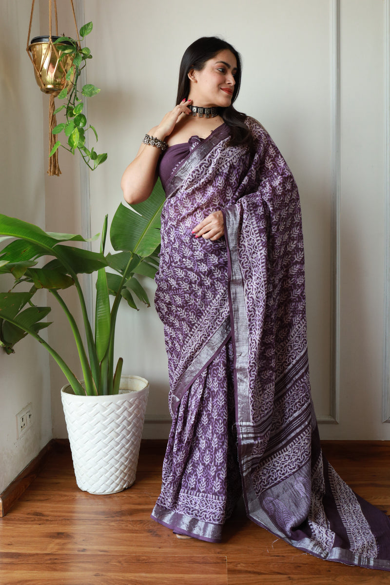 MIllenniya Crafted Heritage Bagru Hand block Print on Linen Cotton Saree