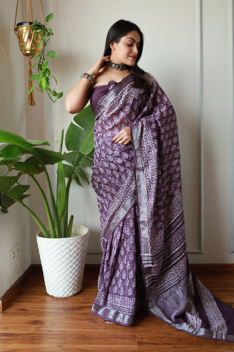 MIllenniya Crafted Heritage Bagru Hand block Print on Linen Cotton Saree