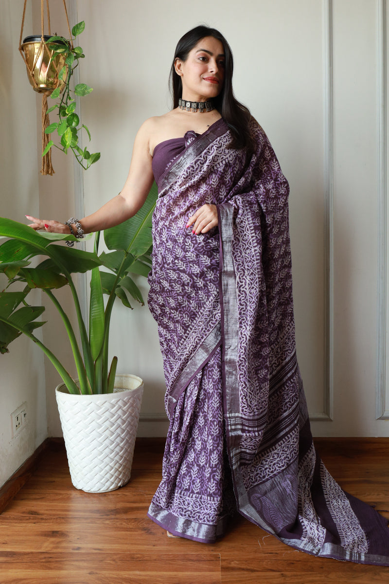 MIllenniya Crafted Heritage Bagru Hand block Print on Linen Cotton Saree