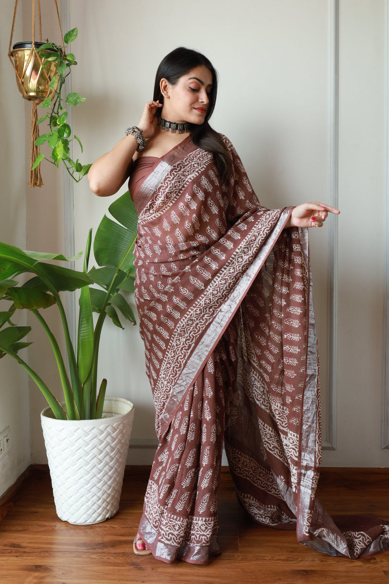 Milenniya Linen Cotton Saree Bagru Hand Block Print with Blouse