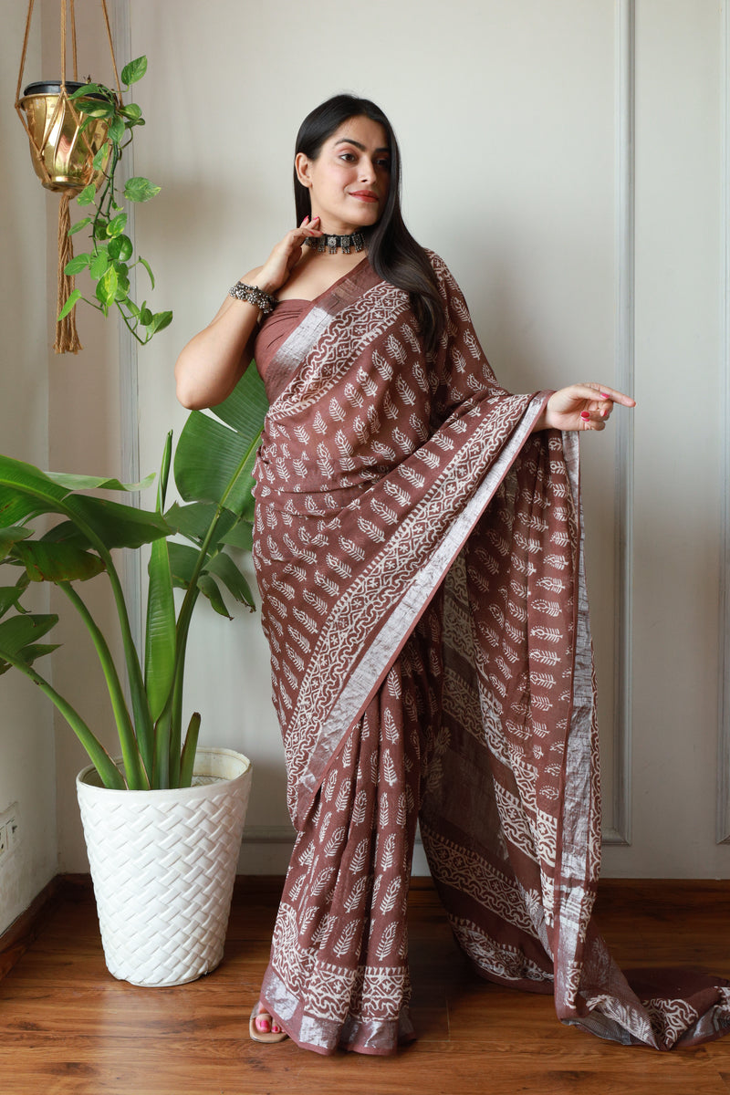 Milenniya Linen Cotton Saree Bagru Hand Block Print with Blouse