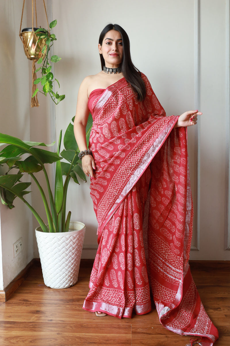 Heritage Hues Linen Cotton Saree with Bagru Hand Block Print