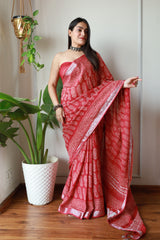 Heritage Hues Linen Cotton Saree with Bagru Hand Block Print