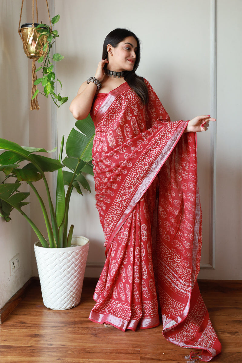 Heritage Hues Linen Cotton Saree with Bagru Hand Block Print