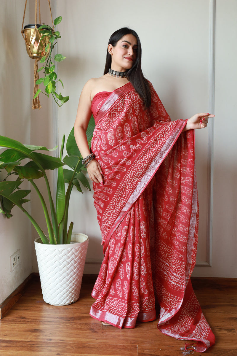 Heritage Hues Linen Cotton Saree with Bagru Hand Block Print