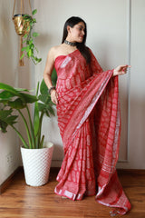 Heritage Hues Linen Cotton Saree with Bagru Hand Block Print