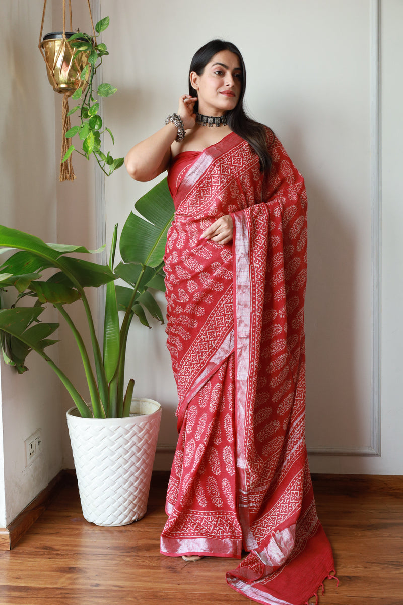 Heritage Hues Linen Cotton Saree with Bagru Hand Block Print