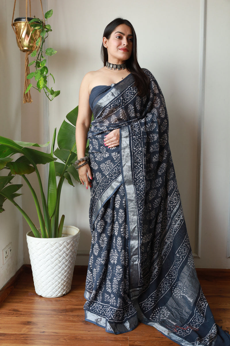 Millenniya Authentic Comfortable Linen Cotton Hand Block Printed Saree with Blouse