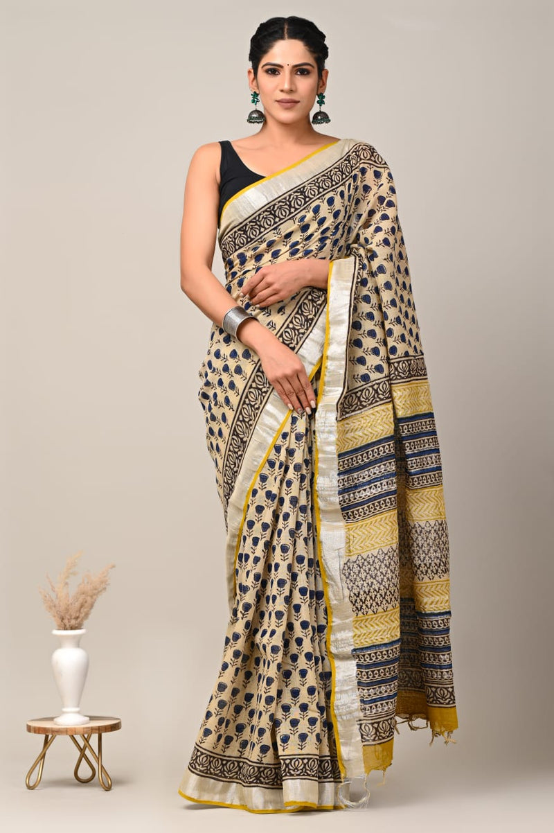 Bagru Print Pure Cotton Lilen Saree with Blouse