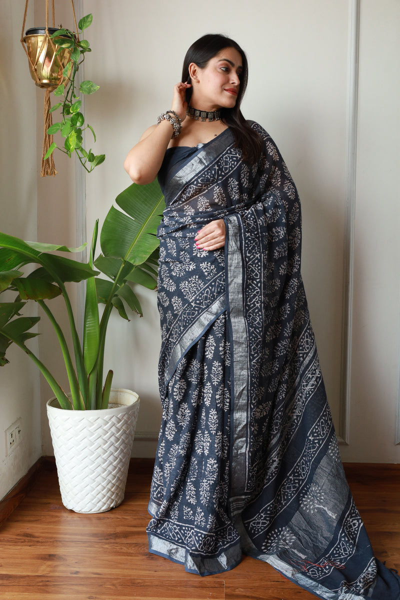 Millenniya Authentic Comfortable Linen Cotton Hand Block Printed Saree with Blouse