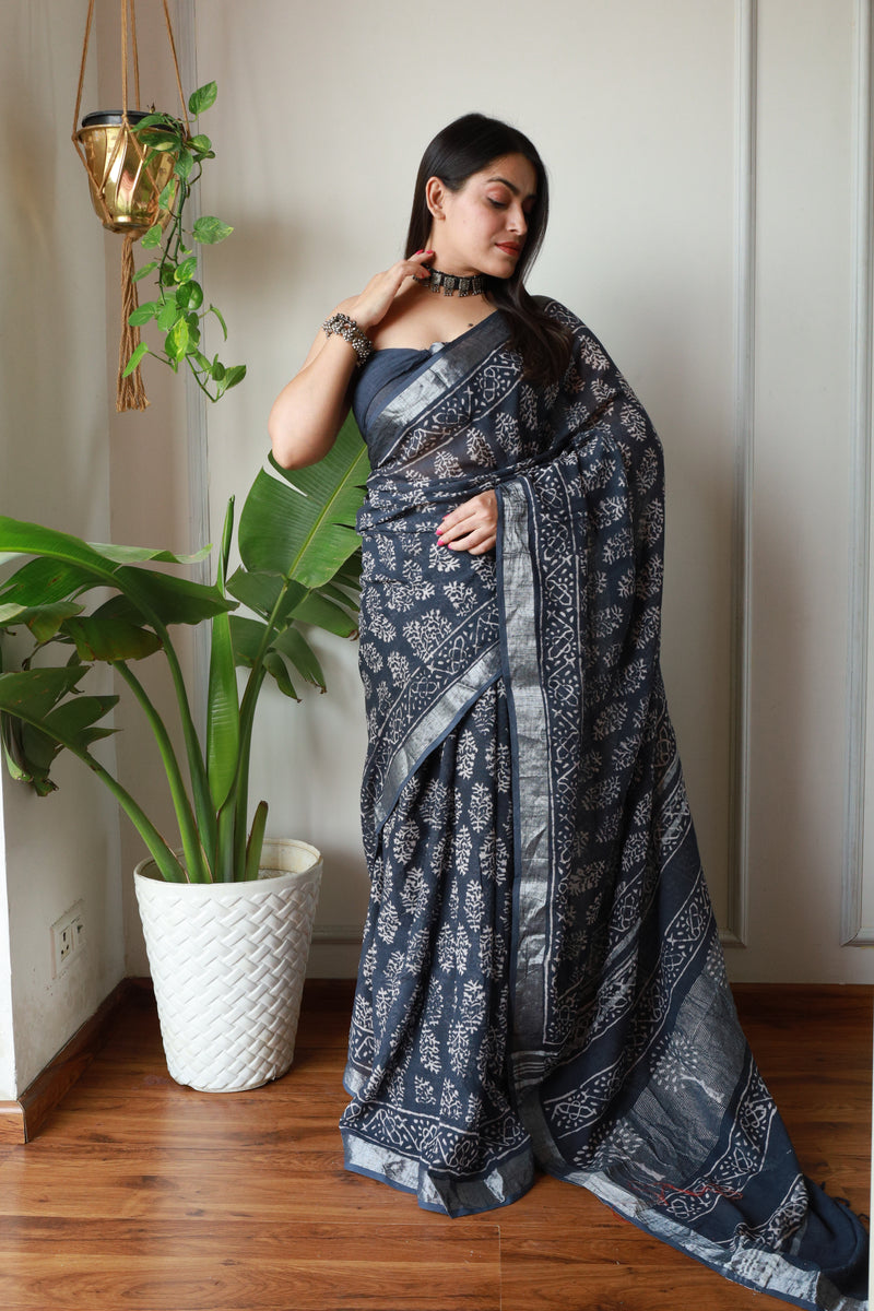 Millenniya Authentic Comfortable Linen Cotton Hand Block Printed Saree with Blouse