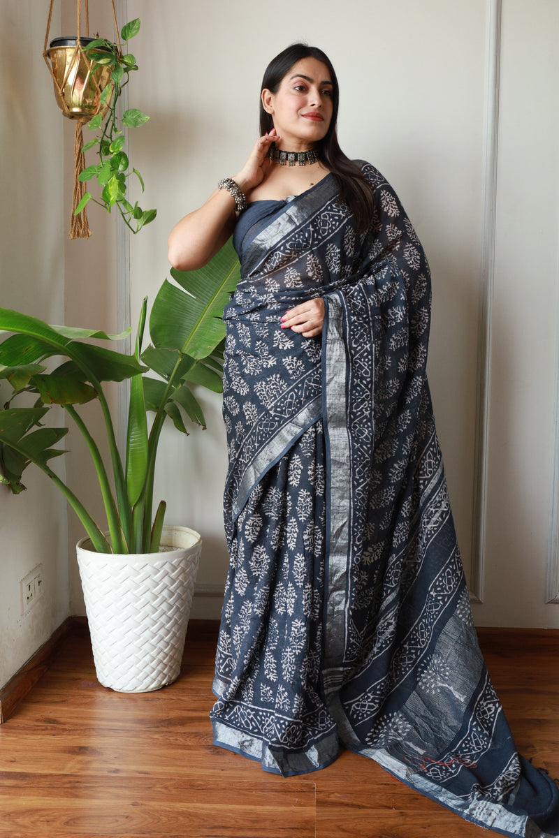 Millenniya Authentic Comfortable Linen Cotton Hand Block Printed Saree with Blouse