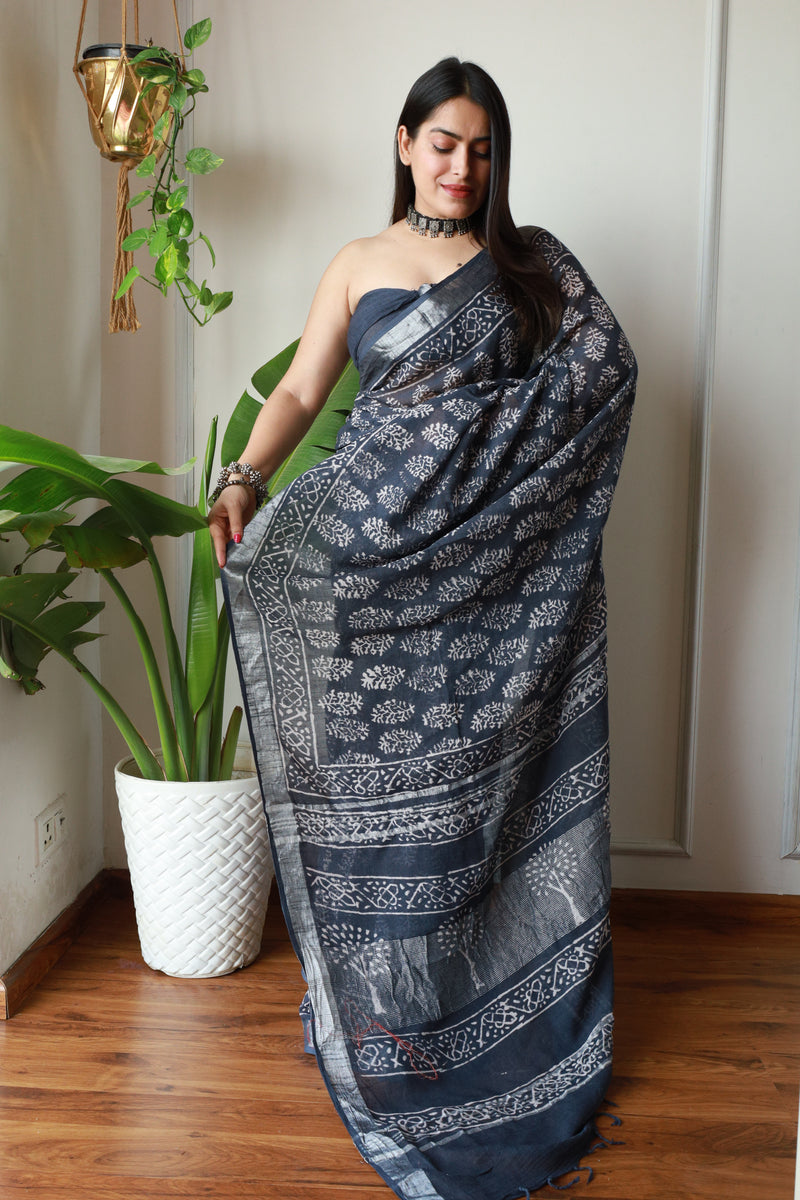 Millenniya Authentic Comfortable Linen Cotton Hand Block Printed Saree with Blouse