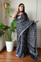 Millenniya Authentic Comfortable Linen Cotton Hand Block Printed Saree with Blouse