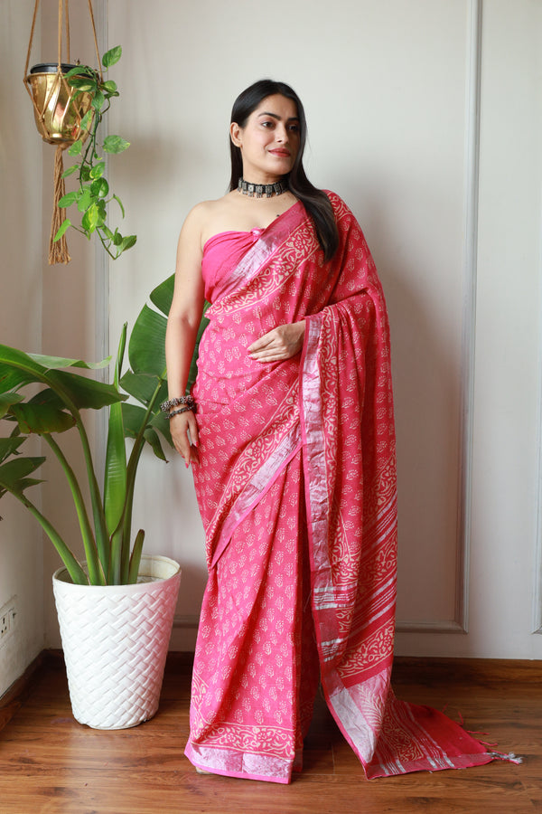 Millenniya Time-Honored Charm Linen Cotton Saree with Bagru Hand Block Arts