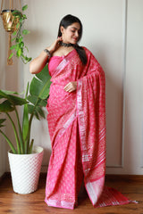 Millenniya Time-Honored Charm Linen Cotton Saree with Bagru Hand Block Arts