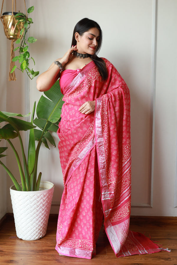 Millenniya Time-Honored Charm Linen Cotton Saree with Bagru Hand Block Arts