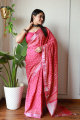 Millenniya Time-Honored Charm Linen Cotton Saree with Bagru Hand Block Arts