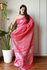 Millenniya Time-Honored Charm Linen Cotton Saree with Bagru Hand Block Arts