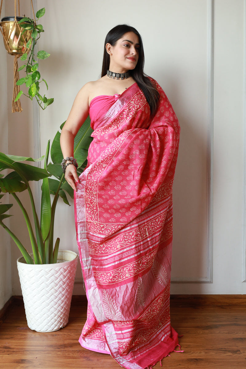 Millenniya Time-Honored Charm Linen Cotton Saree with Bagru Hand Block Arts