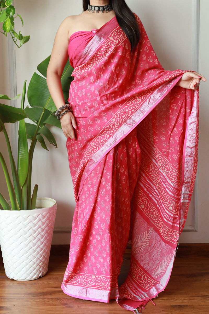 Millenniya Time-Honored Charm Linen Cotton Saree with Bagru Hand Block Arts