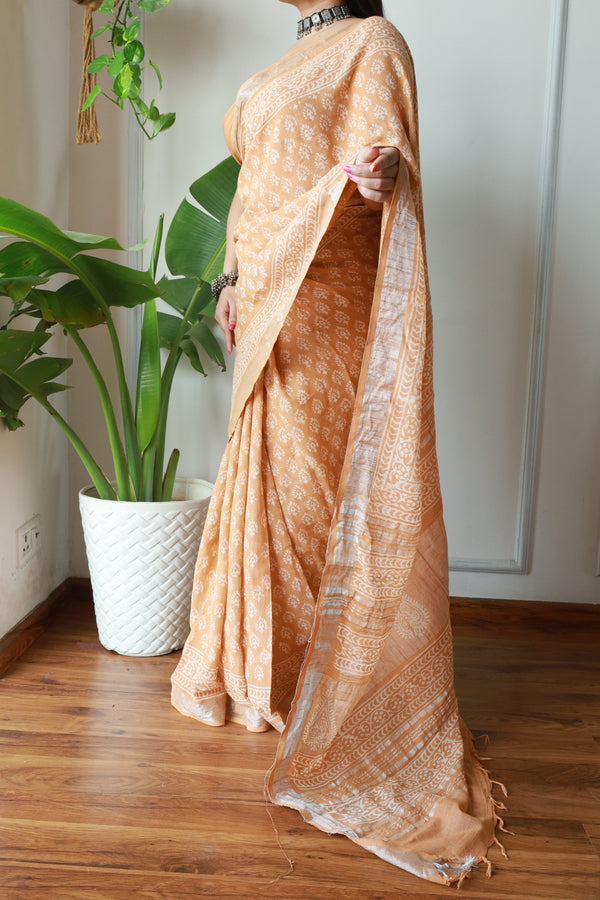 Authentic Comfortable Linen Cotton Hand Block Printed Saree with Blouse