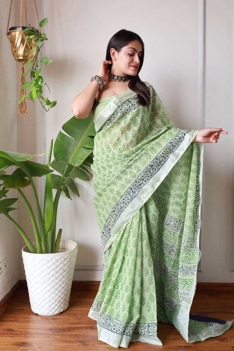 New Bagru Printed Cotton Lilen Saree with Blouse