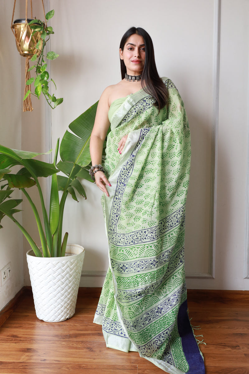 New Bagru Printed Cotton Lilen Saree with Blouse