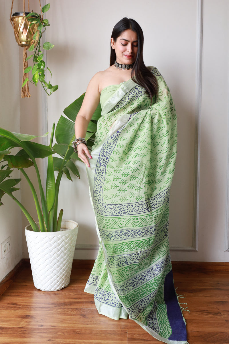 New Bagru Printed Cotton Lilen Saree with Blouse