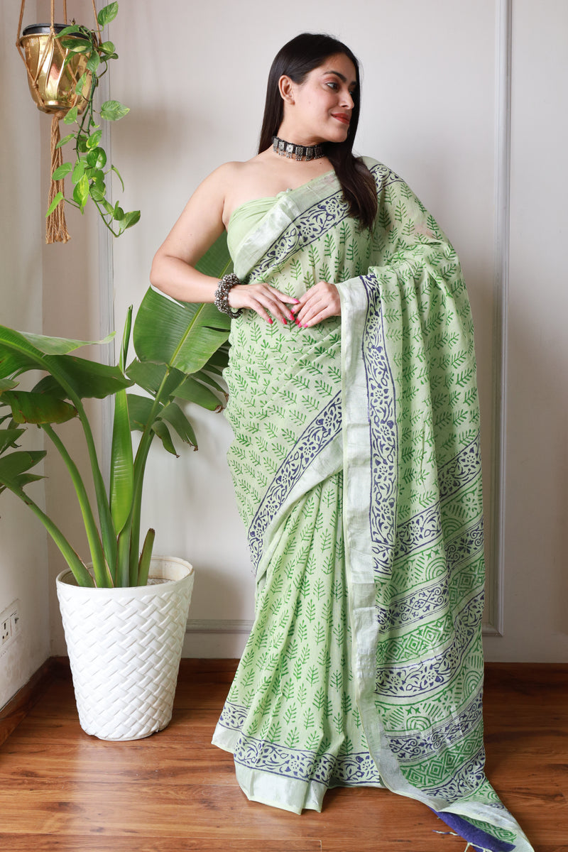 New Bagru Printed Cotton Lilen Saree with Blouse