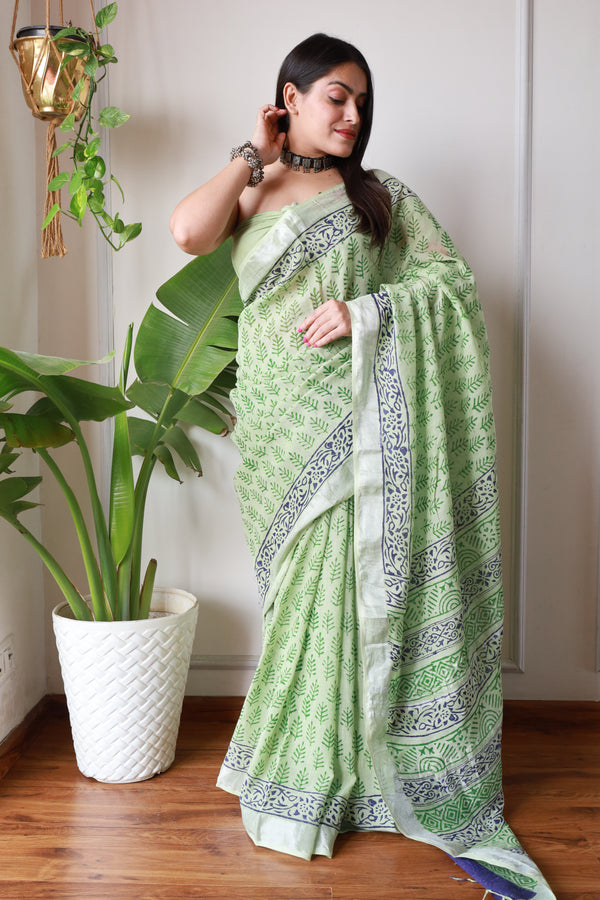 New Bagru Printed Cotton Lilen Saree with Blouse