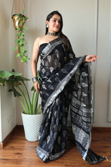 Hand Block Printed Black Lilen Saree