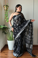 Hand Block Printed Black Lilen Saree