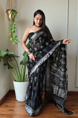 Hand Block Printed Black Lilen Saree