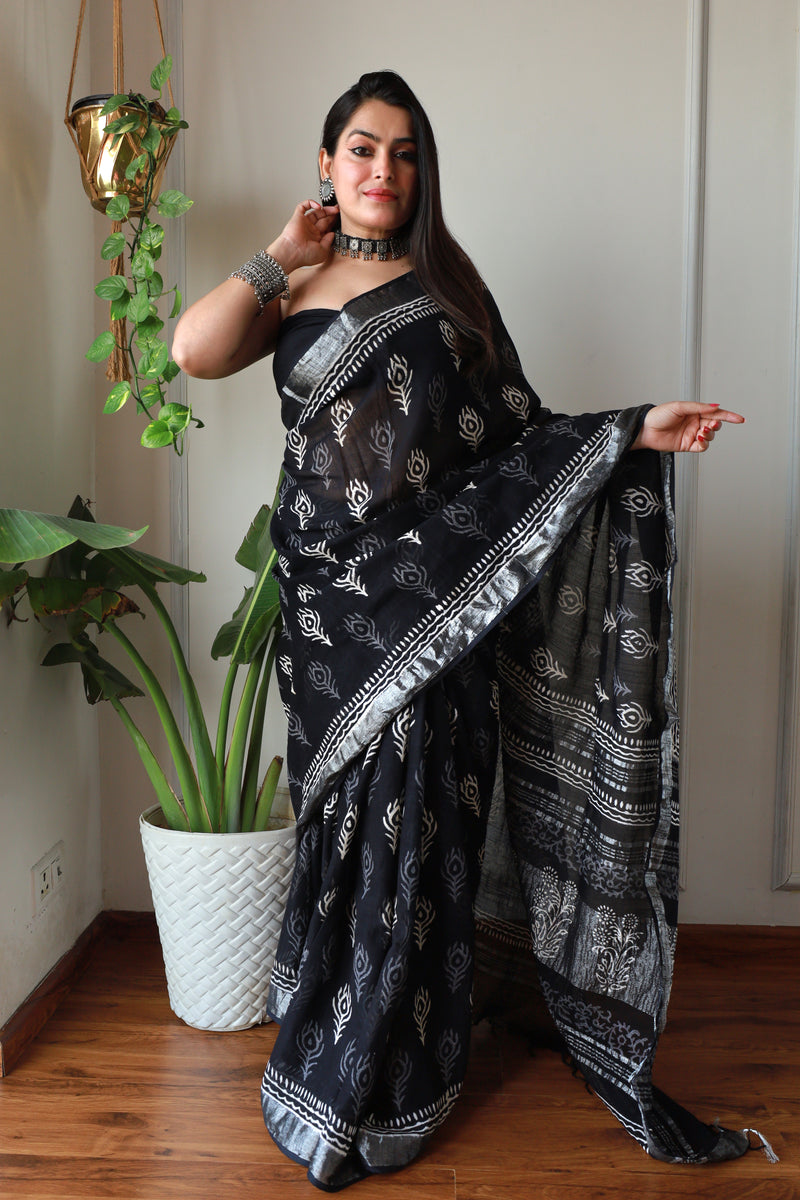 Hand Block Printed Black Lilen Saree