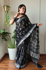 Hand Block Printed Black Lilen Saree