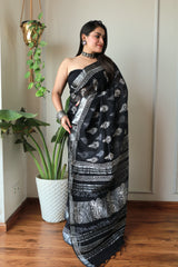 Hand Block Printed Black Lilen Saree