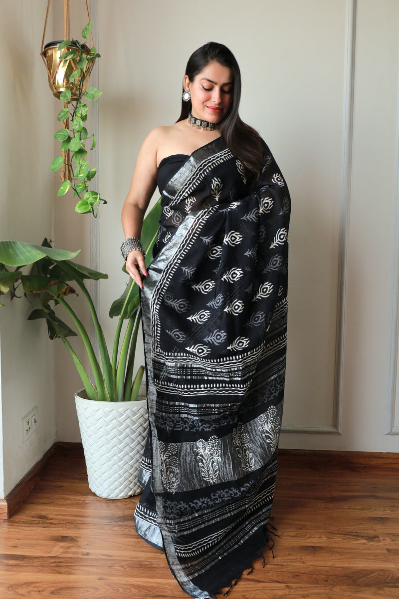 Hand Block Printed Black Lilen Saree